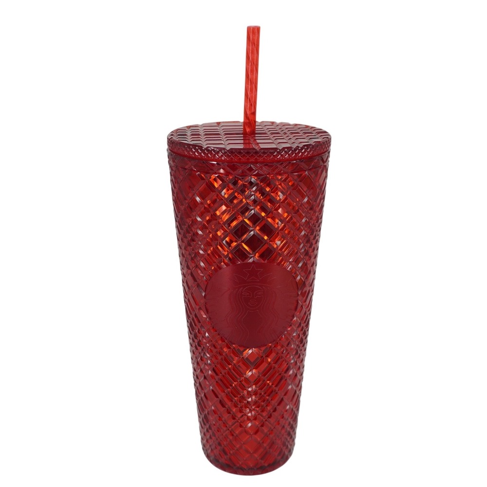 Starbucks Ruby Red Jeweled Grid Venti Tumbler 24oz Cold Cup with Straw NEW